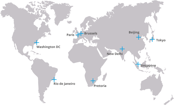 Map of the CNRS offices : Washington DC, Rio de Janeiro, Paris, Brussels, Beijing, Tokyo, New Delhi, Singapore, Pretoria